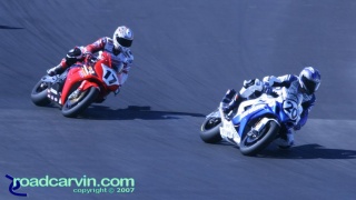 2007 Red Bull U.S. Grand Prix - AMA Superbike - Duhamel Chasing Yates: Miguel Duhamel chasing Aaron Yates in a fight for 3rd place. 2007 Red Bull U.S. Grand Prix - AMA Superbike - Duhamel Chasing Yates: Miguel Duhamel chasing Aaron Yates in a fight for 3rd place.